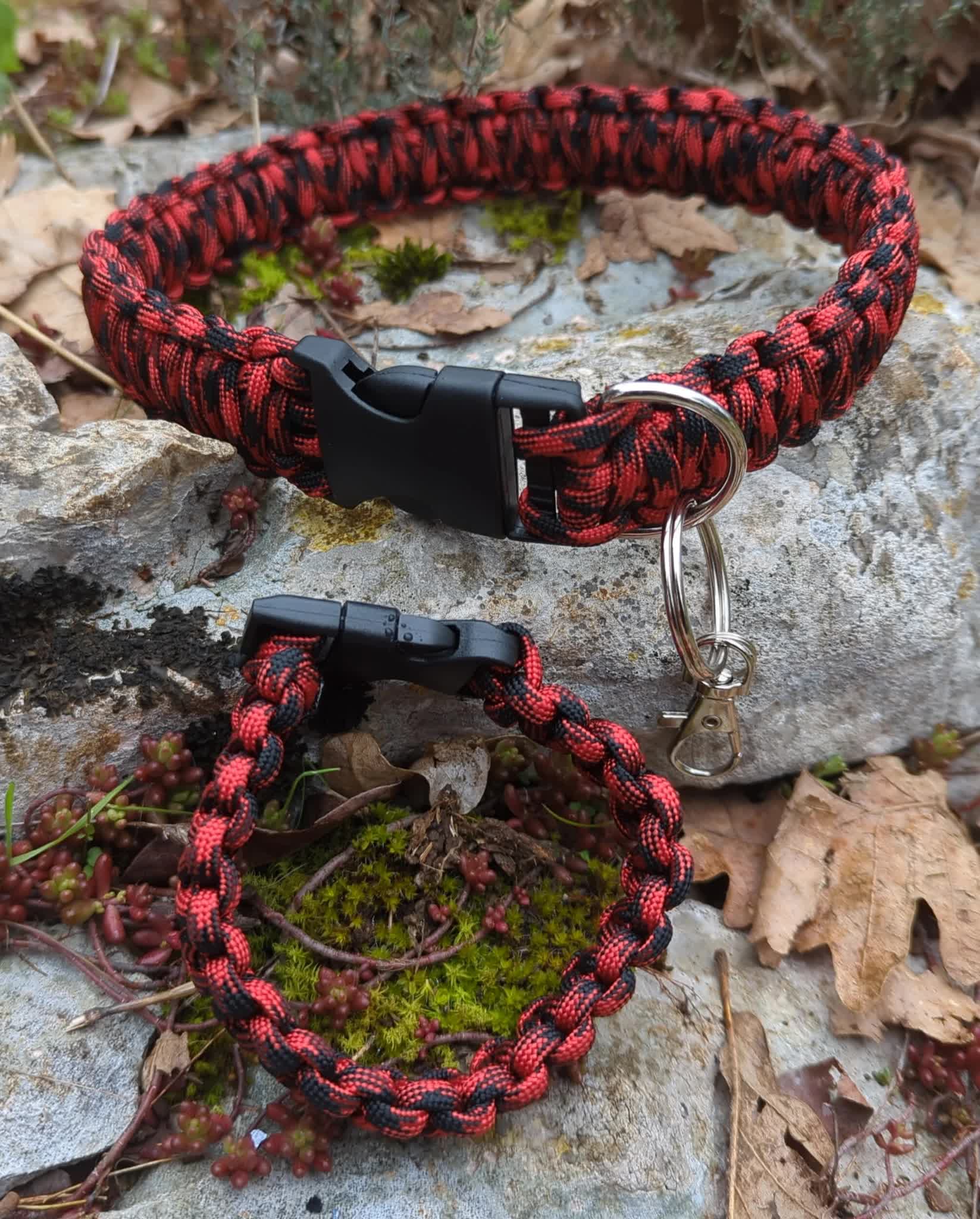a red flannel like collar and bracelet 